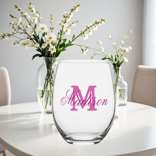 Vaso De Vino Monograma y nombre de color rosado