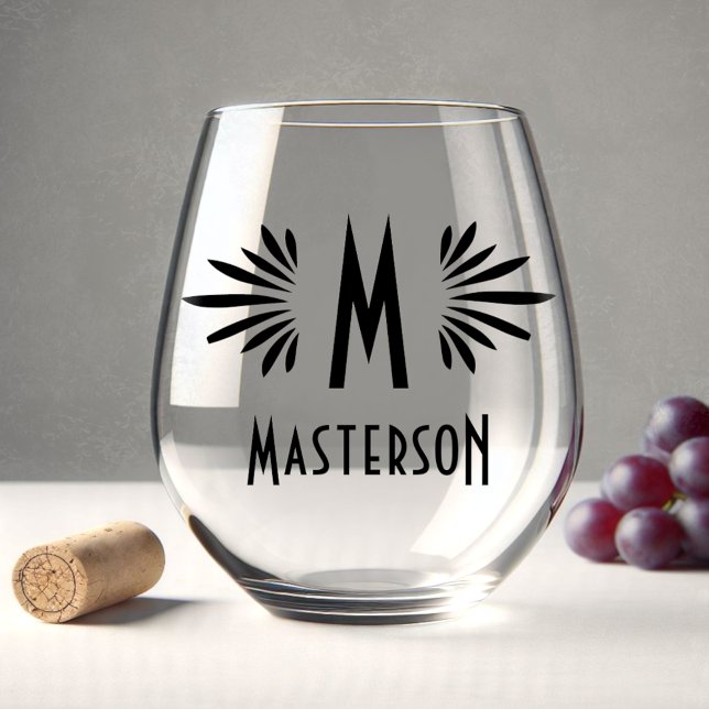Vaso De Vino Monograma y nombre Personalizado Art Deco Black Fl (Subido por el creador)
