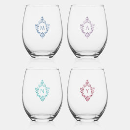 Vaso De Vino Monogramos Escudo de cosecha Azul Púrpura Verde az