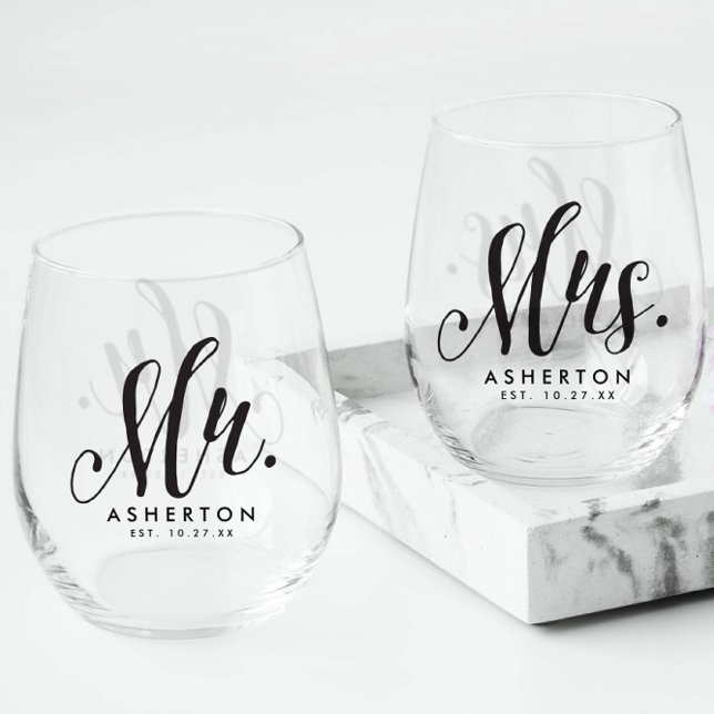 Vaso De Vino Mr. and Mrs. script recién casado negro personaliz (Subido por el creador)
