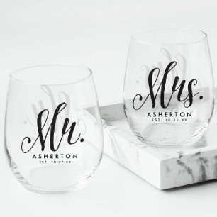 Vaso De Vino Mr. and Mrs. script recién casado negro personaliz