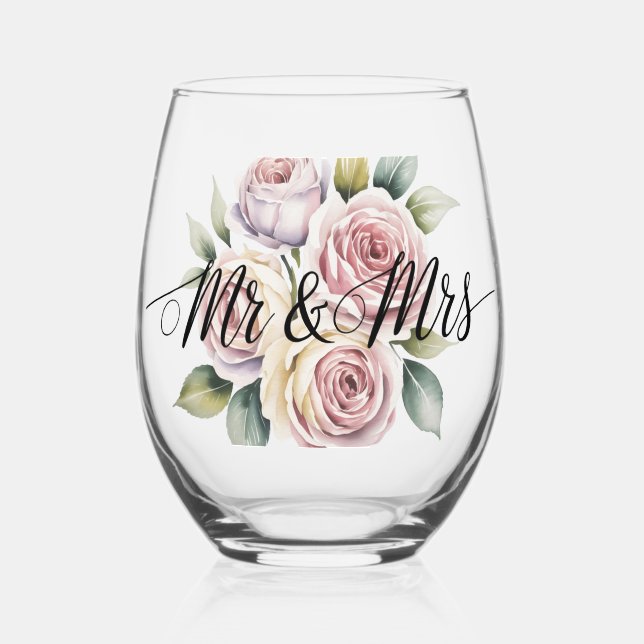 Vaso De Vino Mr & Mrs Floral Script  (Anverso)