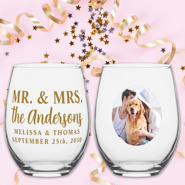 Vaso De Vino Mr & Mrs. Personalizado Photo Modern Gold Elegant  (Subido por el creador)