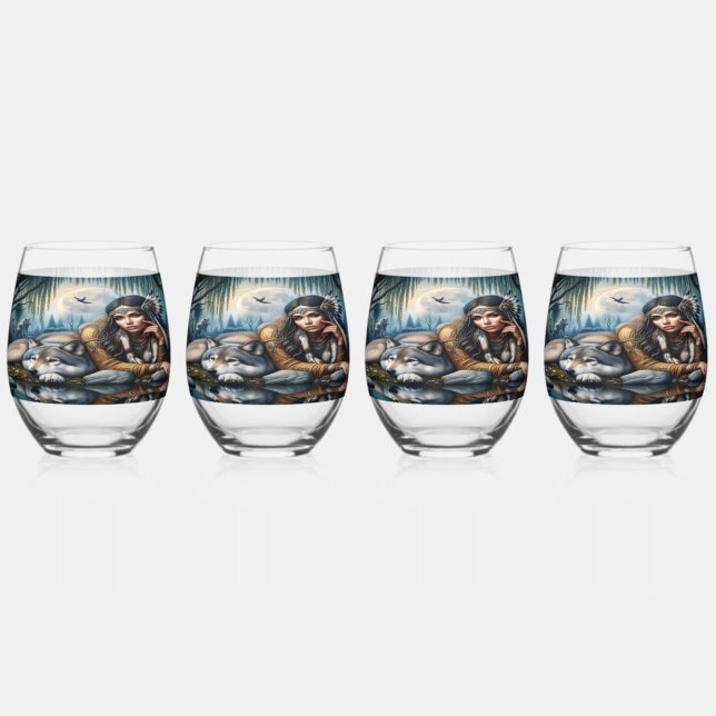 Vaso De Vino Mystical Una Nativa Estadounidense Con Lobos (Anverso)