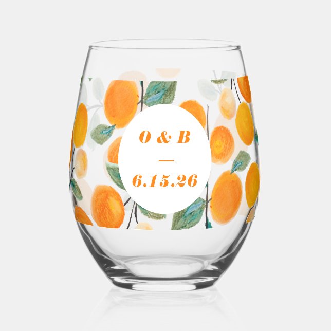 Vaso De Vino Naranja de acuarela Citrus Monogrammed Boda (Anverso)