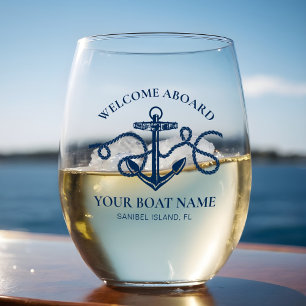 Vaso De Vino Nautical Anchor Nombre Barco Naval Bienvenida Azul