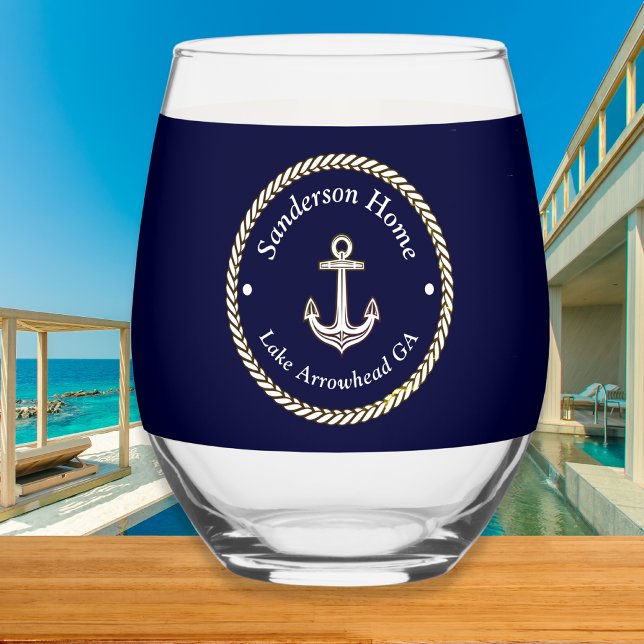 Vaso De Vino Nautical Anchor Rope Navy Blue White Monograma Nom (Subido por el creador)