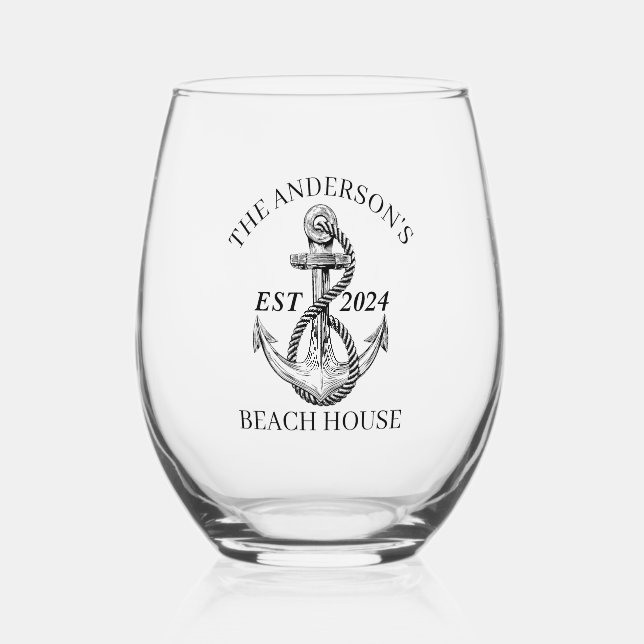 Vaso De Vino Nautical Boat Beach Anchor Nombre de la familia Es (Anverso)