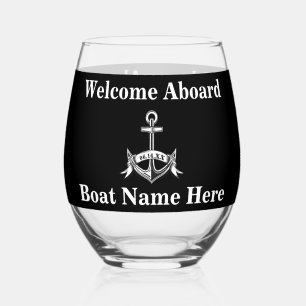 Vaso De Vino Nautical Boat Name Anchor Black White