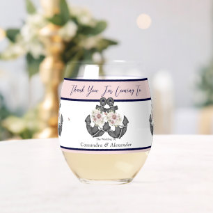 Vaso De Vino Nautical Boda Floral Anchor rosa y vino de la mari