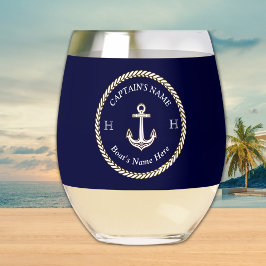 Vaso De Vino Nautical Bote Nombre Anchor Rope Naval Azul Blanco