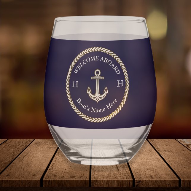 Vaso De Vino Nautical Bote Nombre Anchor Rope Naval Azul Blanco (Subido por el creador)