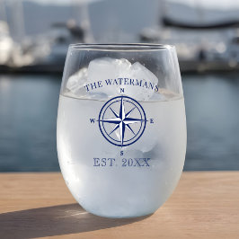 Vaso De Vino Nautical Compass Rosa Navy nombre de familia azul