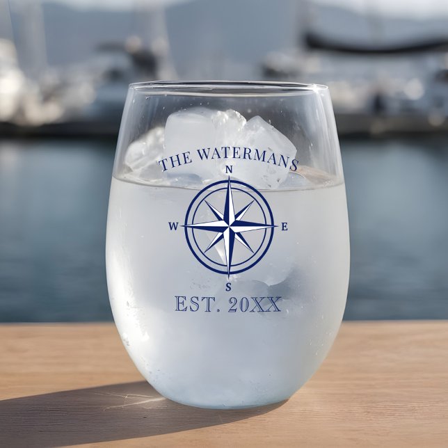 Vaso De Vino Nautical Compass Rosa Navy nombre de familia azul (Subido por el creador)