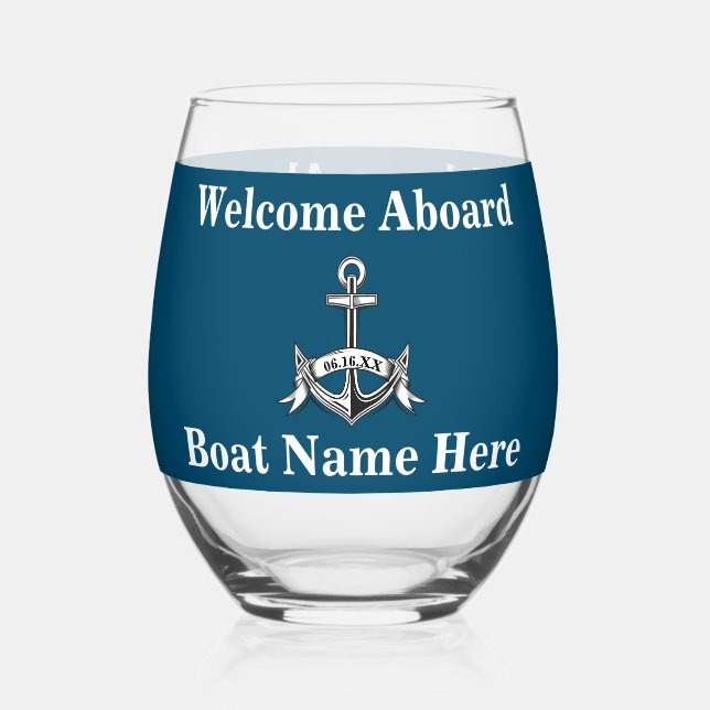Vaso De Vino Nautical Nautical Nombre Anchor Blue White (Anverso)