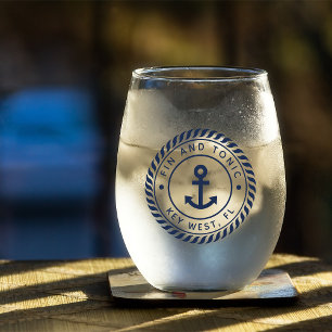 Vaso De Vino Nautical Navy Blue Anchor Nombre del barco