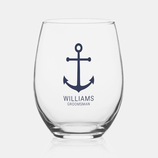 Vaso De Vino Nautical Navy Blue Anchor Personalizado Groomsmen (Anverso)