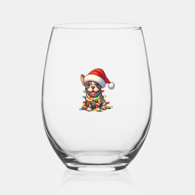 Vaso De Vino Navidades de Bulldog de Francia iluminan el río Sa (Anverso)