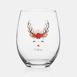 Vaso De Vino Navidades florales nombre personalizado reno