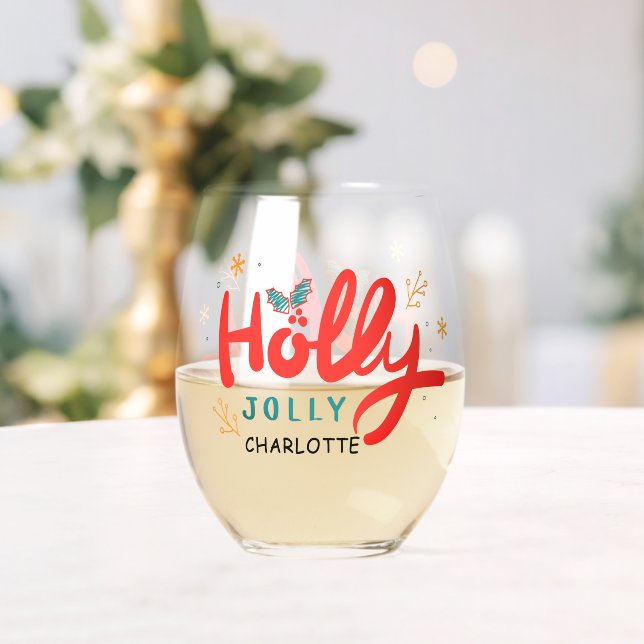 Vaso De Vino Navidades Holly Jolly Fun Winter Nombre personaliz (Insitu (Boda))