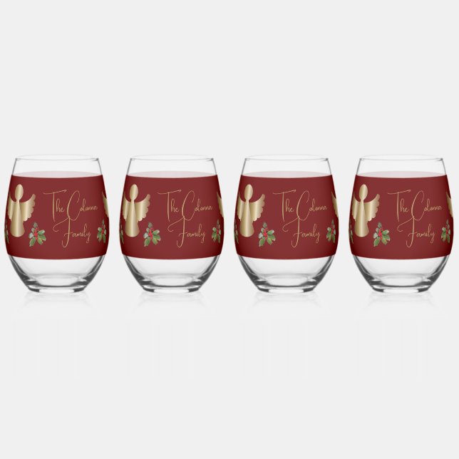 Vaso De Vino Navidades personalizados de ángeles y holly (Anverso)