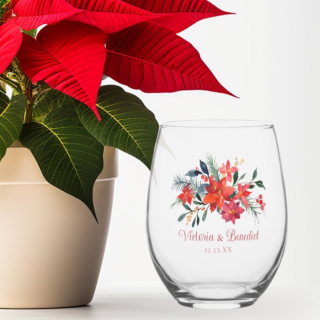 Vaso De Vino Navidades rojos Poinsetta Floral Custom Wedding (Subido por el creador)