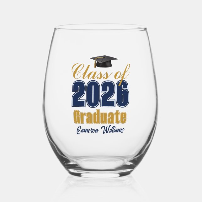 Vaso De Vino Navy Blue Gold Class of 2026 Graduation (Anverso)