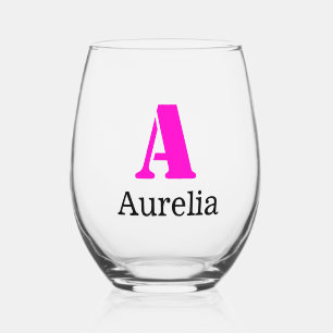 Vaso De Vino Neon Fuchsia Elegante Nombre Negro Inicial Moder