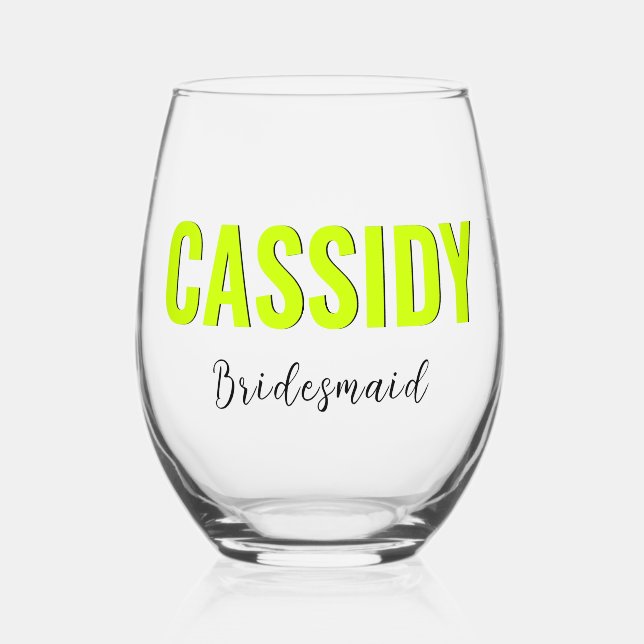 Vaso De Vino Neon Lime Amarillo 3D Elegante Nombre Bridesmaid (Anverso)
