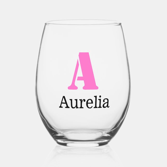 Vaso De Vino Neon Pink Elegant Nombre Negro Inicial | Moderno (Anverso)
