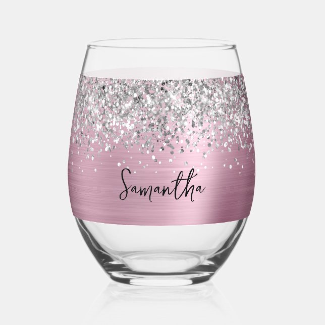 Vaso De Vino Nombre de glam rosado Purpurina plateado (Anverso)