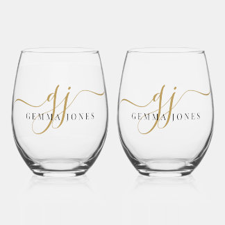 Vaso De Vino Nombre de guión de monograma dorado negro