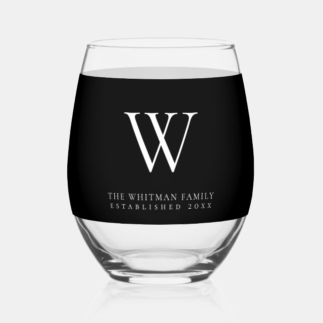 Vaso De Vino Nombre de monograma familiar negro moderno (Anverso)