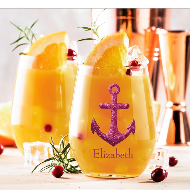 Vaso De Vino Nombre del Anclaje Náutico Purpurina de Espuma Ros (Pink Sparkle Nautical Anchor Custom Barware Wine Glass)