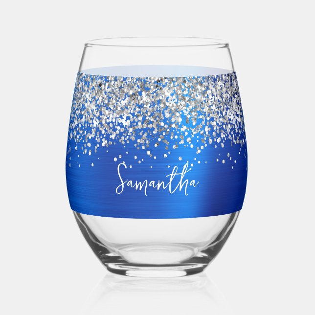 Vaso De Vino Nombre del glam azul real del Purpurina plateado (Anverso)