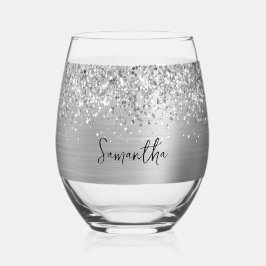 Vaso De Vino Nombre Glam Plateado Brillante