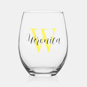 Vaso De Vino Nombre inicial y negro amarillo limón Elegante