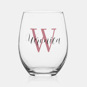 Vaso De Vino Nombre inicial y negro de oro del Rosa Elegante