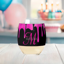 Vaso De Vino Nombre Monograma del Purpurina de goteo rosado y n