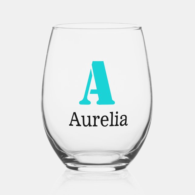 Vaso De Vino Nombre negro inicial turquesa elegante | Moderno (Anverso)