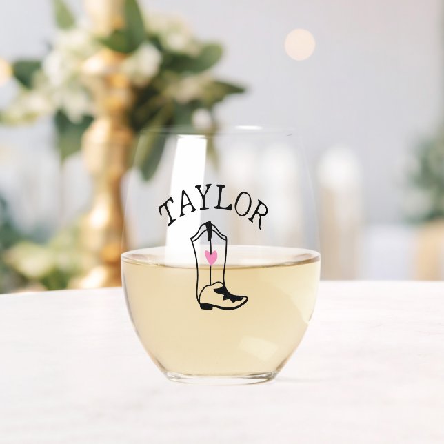 Vaso De Vino Nombre personalizado Botín de vaquera Moda moderna (Insitu (Boda))