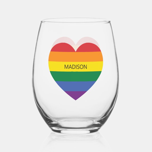 Vaso De Vino Nombre personalizado Corazón arcoiris (Anverso)