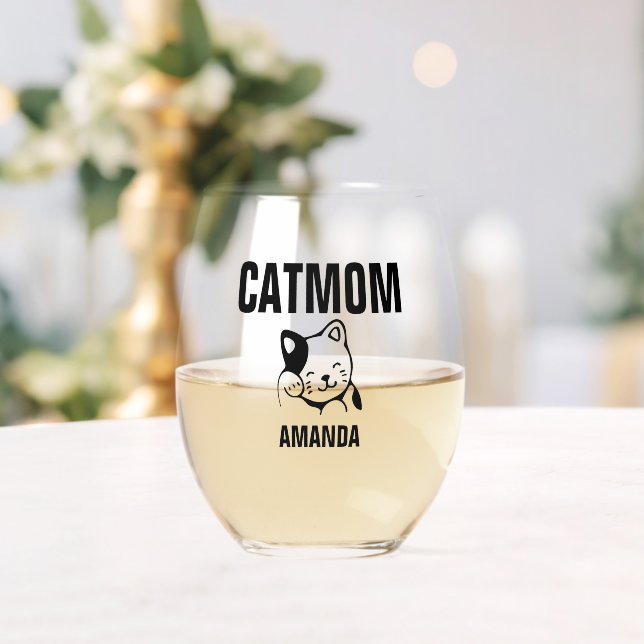 Vaso De Vino Nombre personalizado de la mamá de gato personaliz (Insitu (Boda))