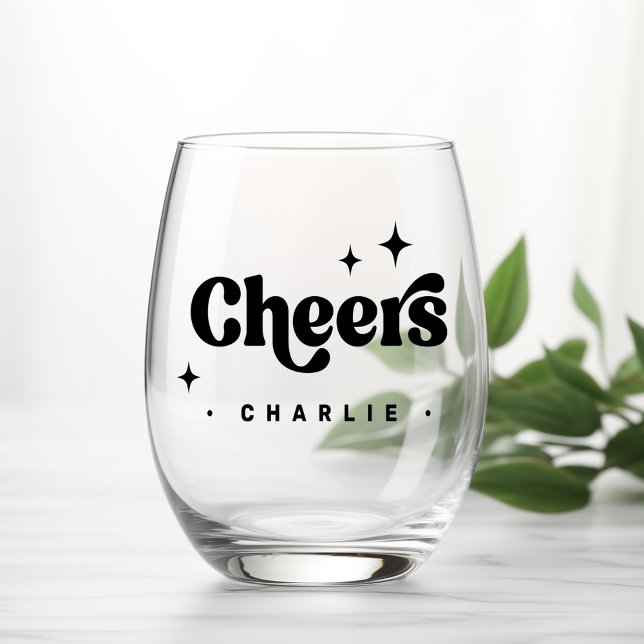 Vaso De Vino Nombre personalizado de las estrellas de letra ret (Cheers retro font stars custom name stemless wine glass)
