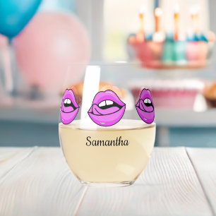 Vaso De Vino Nombre personalizado de los Lips rosados
