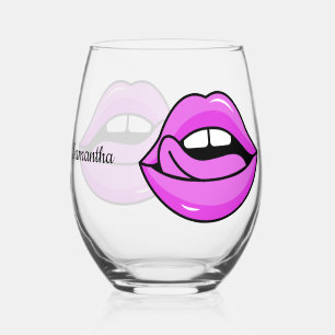 Vaso De Vino Nombre personalizado de los Lips rosados