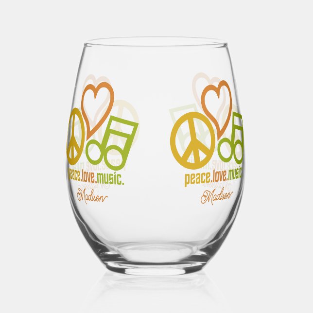 Vaso De Vino Nombre personalizado de Peace Love Music (Anverso)