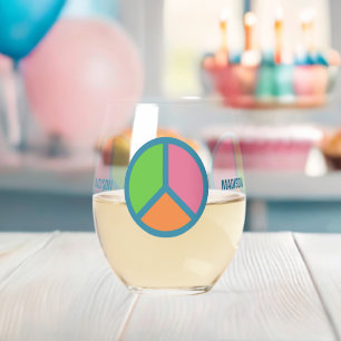 Vaso De Vino Nombre personalizado de signo de paz colorido