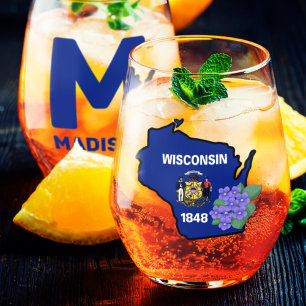 Vaso De Vino Nombre personalizado de Wisconsin Flag y Flower Bl
