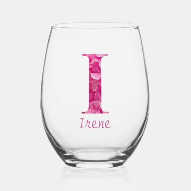 Vaso De Vino Nombre Personalizado Elegante Monograma Floral Ros (Anverso)